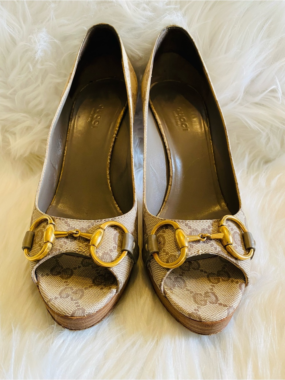 🛍️Gucci Authentic Horsebit Canvas Peep-Toe Pumps & All Original Packaging - Picture 4 of 17
